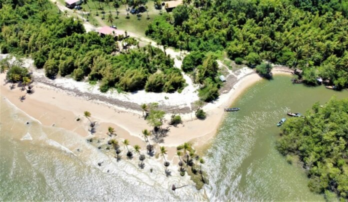 Vista aérea da Reserva Extrativista Marinha de Soure, no arquipélago do Marajó. Em primeiro plano, uma extensa faixa de areia clara acompanha a curva da praia, enquanto um canal de água serpenteia entre a vegetação até encontrar o mar. Ao fundo, uma densa área de manguezais e floresta se estende até o horizonte, sob céu azul com poucas nuvens. A paisagem evidencia a integração entre praia, rios e vegetação típica da região amazônica.